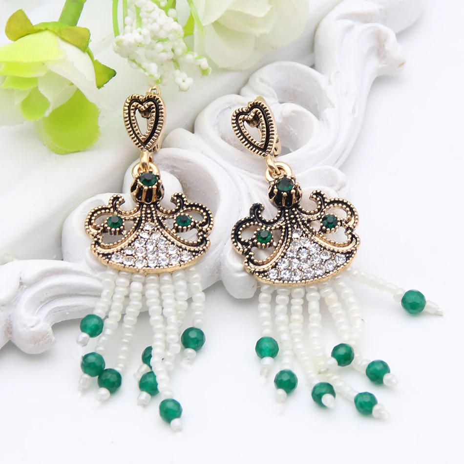 New Turkish Antique Bead Tassels Drop Earrings Princess Hook Retro Gold Color Floral Long Earrings Gently Swing Women Jewelry