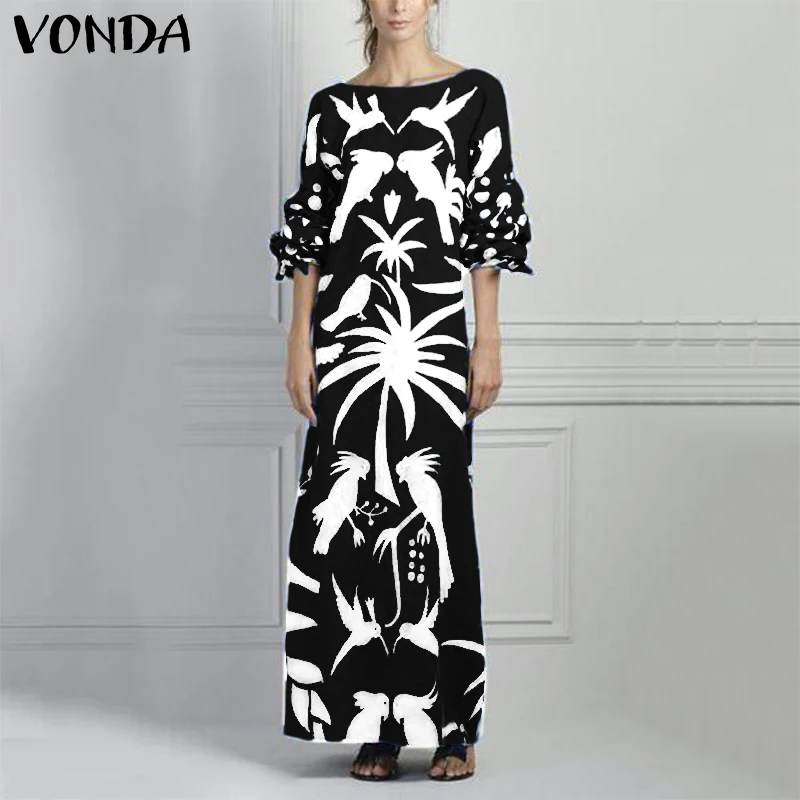 

VONDA Bohemian Printed Dress 2019 Sexy Half Sleeve Maxi Long Dress Casual Party Vestido Vacation Sundress Robe Femme Plus Size