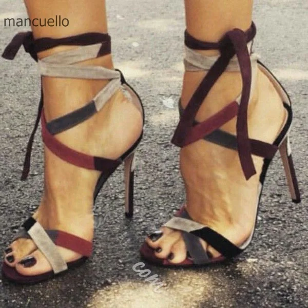 Sexy Cross-Strap Suede Dress Shoes Women Stylish Color Block High Heels Lace Up Open Toes Stiletto Sandals Best Selling ThisYear Sexy Cross-Strap Suede Dress Shoes Women Stylish Color Block High Heels Lace Up Open Toes Stiletto Sandals Best Selling ThisYear