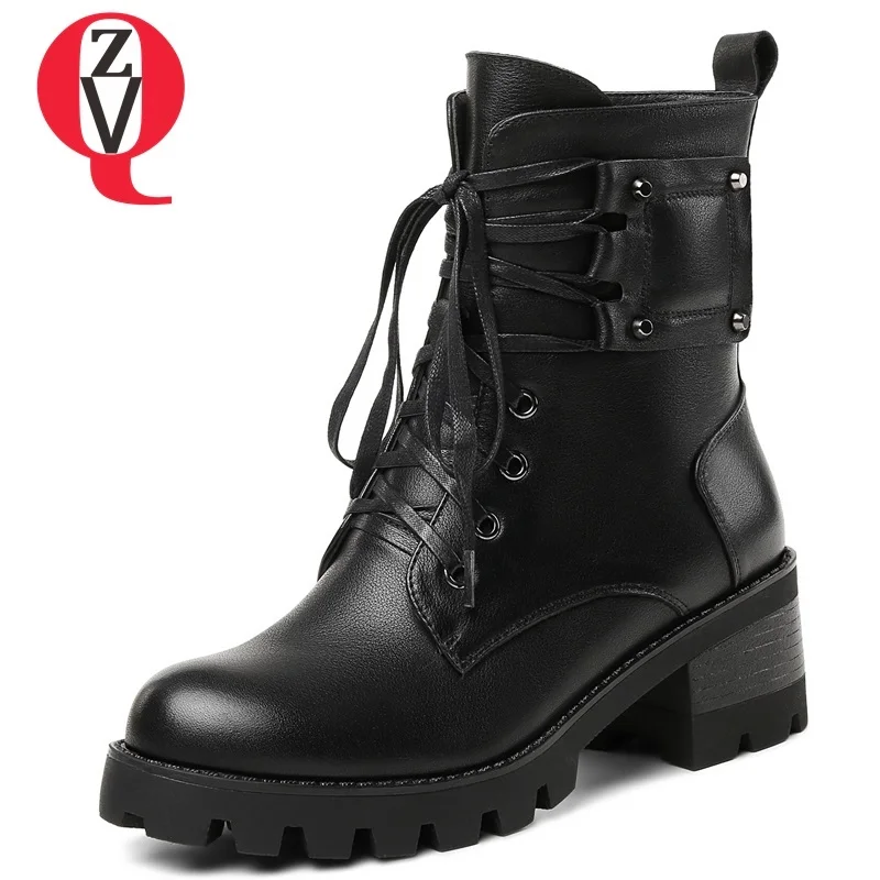 

ZVQ women shoes winter new fashion genuine leather boots round toe 6 cm square heel platform zip cross-tied outdoor ankle boots
