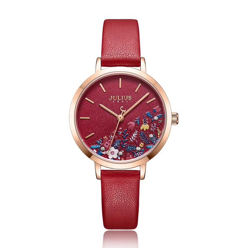 Милые женские часы с цветочным принтом, элегантные японские часы Mov't, модные часы из натуральной кожи, браслет для девушек, Подарочная коробка Julius - Color: Red