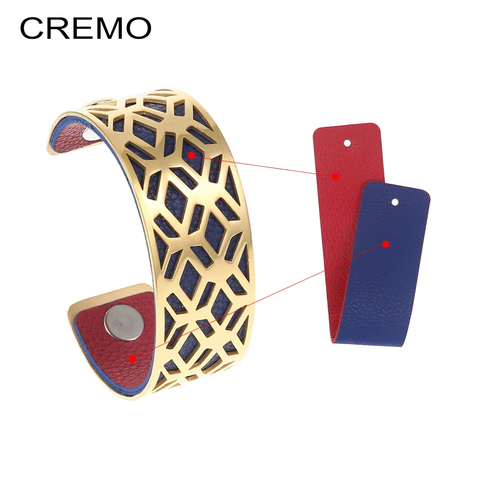 

Cremo Fishnet Cuffs Bangles Bracelets Femme Bijoux Manchette Statement Bangle Interchangeable Reversible Leather Band Pulseiras