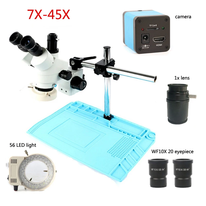 

720p HDMI 1/2 microscope camera trinocular stereo industrial microscope 7X-45X continuous zoom microscope, PVC repair welding
