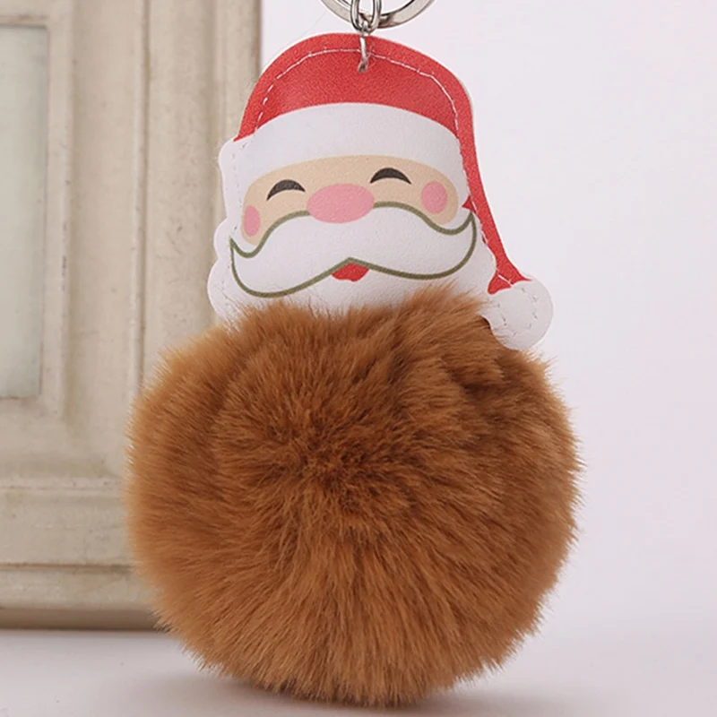 

Lovely Christmas Santa Claus Pendant Keychain Plush Artificial Rabbit Fur Ball KeyRing PomPon for Women Car Bag Santa Claus Elk