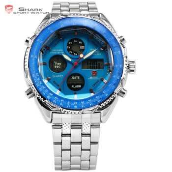 

SHARK LCD Display Stainless Steel Analog Dual Time Date Alarm Stopwatch Blue Dial Male Clock Men Sports Digital Watch / SH110