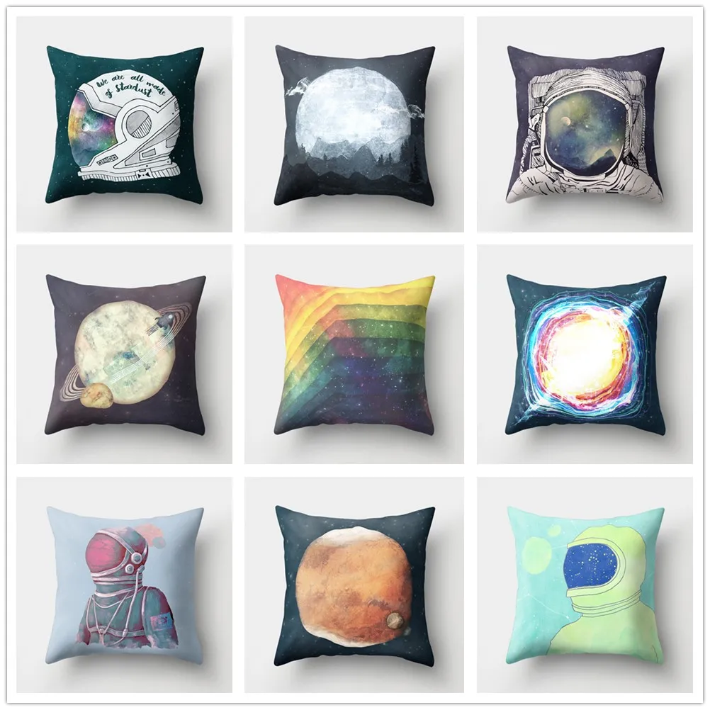 

Outer Space Style Cushion Cover Spaceship Astronaut Print Polyester Pillowcase Decorative for Sofa Bed Home Living Room Decor