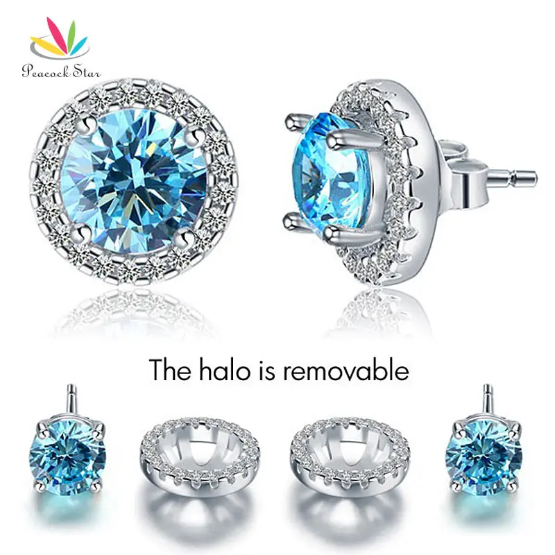 Павлин звезда 2,5 карат Круглый Аква синий Halo(съемный) шпильки Твердые 925 пробы серебряные серьги ювелирные изделия CFE8128