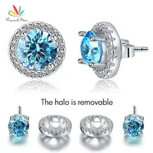 Павлин звезда 2,5 карат Круглый Аква синий Halo(съемный) шпильки Твердые 925 пробы серебряные серьги ювелирные изделия CFE8128