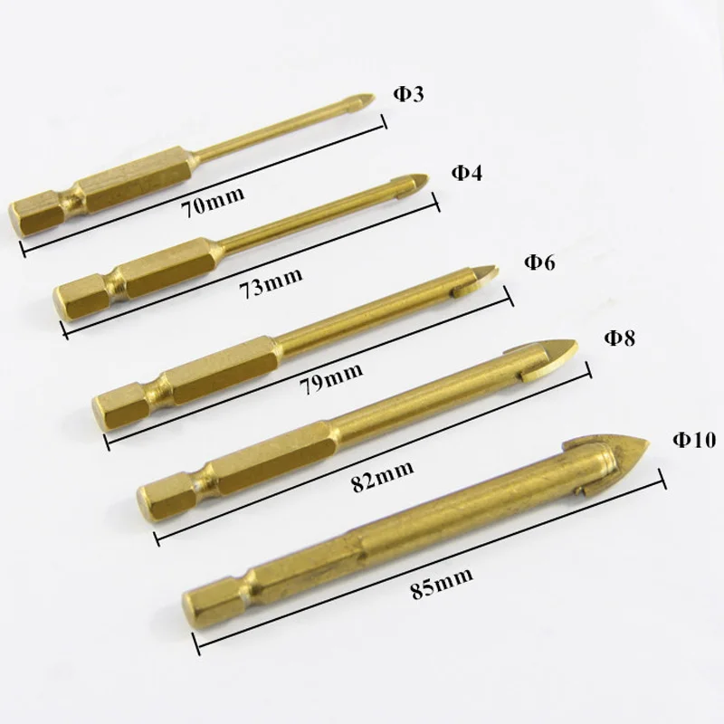 5 шт. Вольфрам карбида вольфрама TCT Стекло плитка набор сверл 3/4/6/8/10 мм Титан покрытием Мощность Инструменты Аксессуары для ванной комнаты с 1/" шестигранным хвостовиком