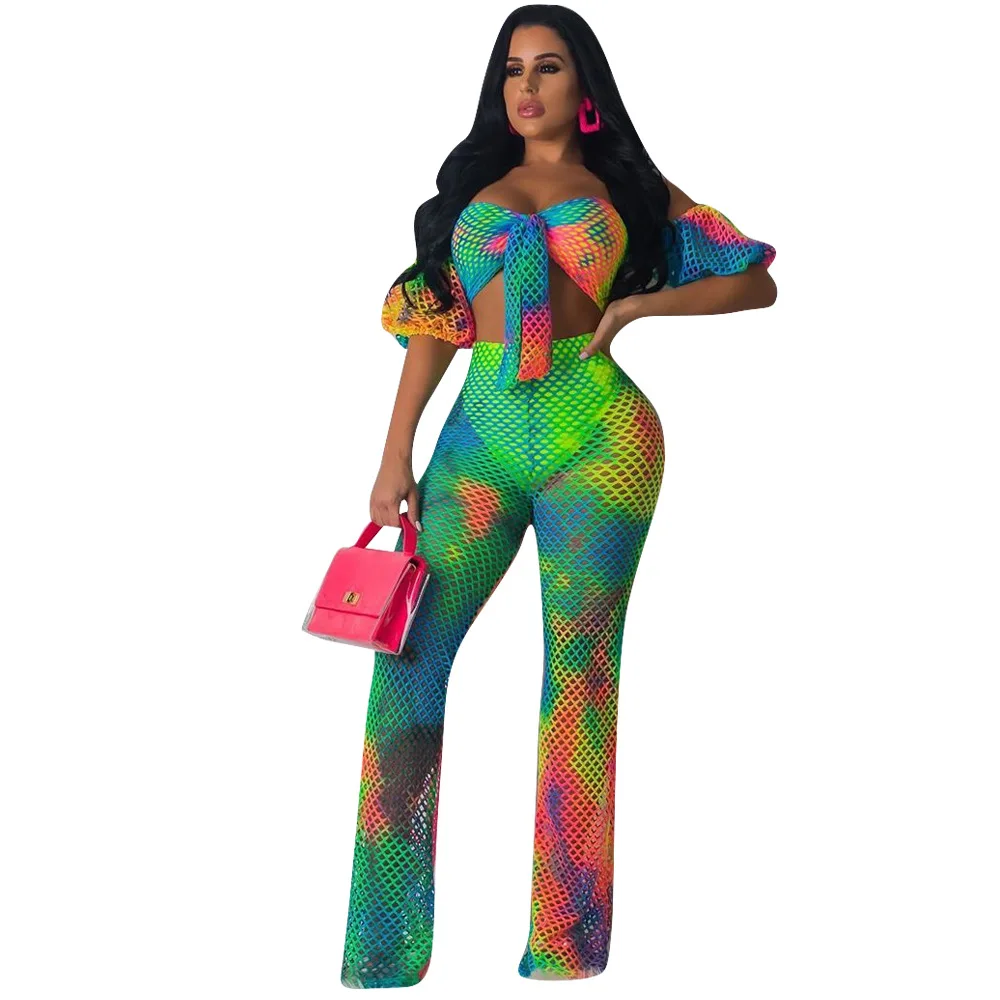 

Rainbow Tie Dye Sexy Two Piece Set Tracksuit Fishnet Hollow Out Crop Top+Bodycon Pants Summer See Through 2 Piece Beach Outfits