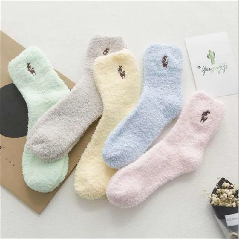 

Warm Women Socks Coral Fleece Warm Thickening Socks Anti-friction Fawn Kitten Embroidery Lovely Mid Socks Female