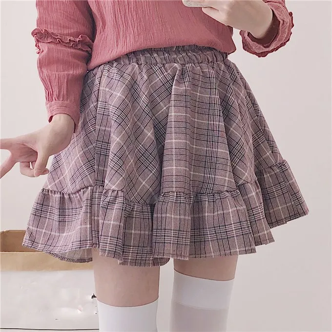 

2019 New Fall Summer Cute Lolita Ruffles Cotton Linen Skirt Fashion Plaid A-Line Skirt Elastic High Waist Mini Skirt