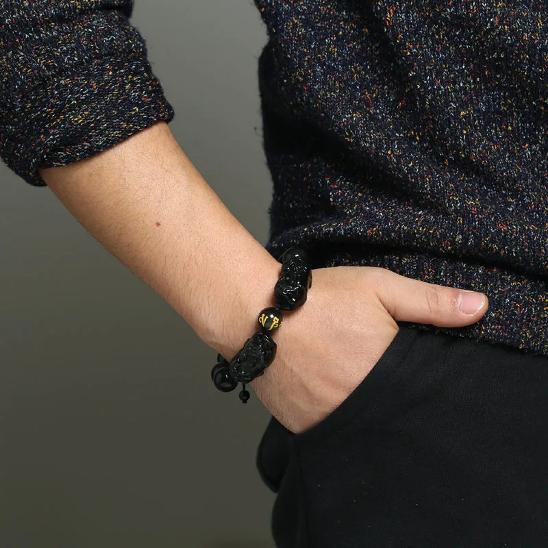 Jewelry Bracelet Natural Obsidian Double Pixiu Rope Chain Beaded Bracelet Wealth Pixiu Dragon Adjustment Bracelets For Men Women