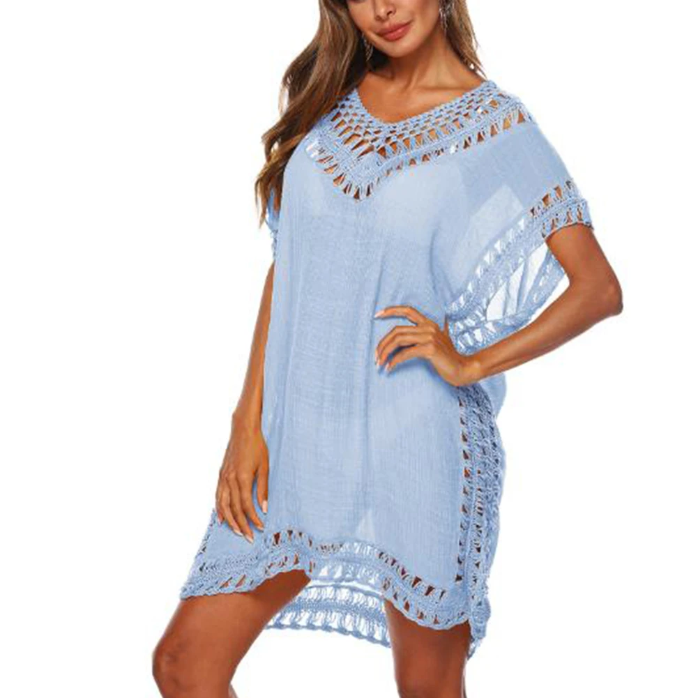 

Women Bikini Cover Up V Neck Beach Wear Fashion Pierced Edge Swim Sunscreen Sexy Short Sleeve Loose Holiday Bathing Blouse Solid