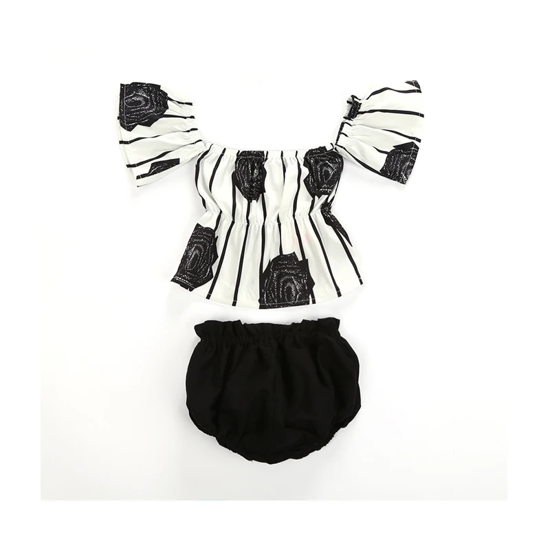 

Newborn Infant Baby Girls Fashion Lovely Cotton Summer Short Sleeve Off Shoulder Pullover Floral Striped Shirt Tops Black Shorts