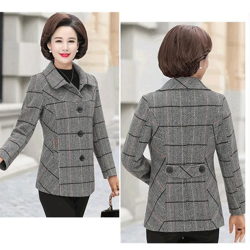 Женская Осенняя шерстяная куртка среднего возраста, пальто, теплая верхняя одежда, большой размер, тонкая Повседневная Женская шерстяная куртка, однобортный короткий топ 5XL