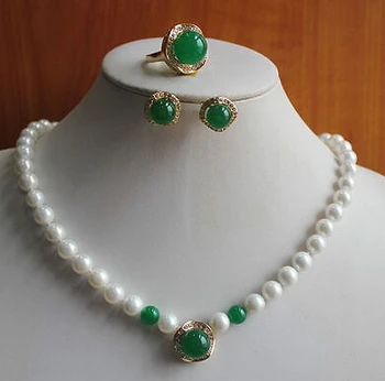 

Jewelry 001292 New Design White Pearl/Green Jade Necklace Earring Ring(7/8/9)Jewelry Set (A0423)