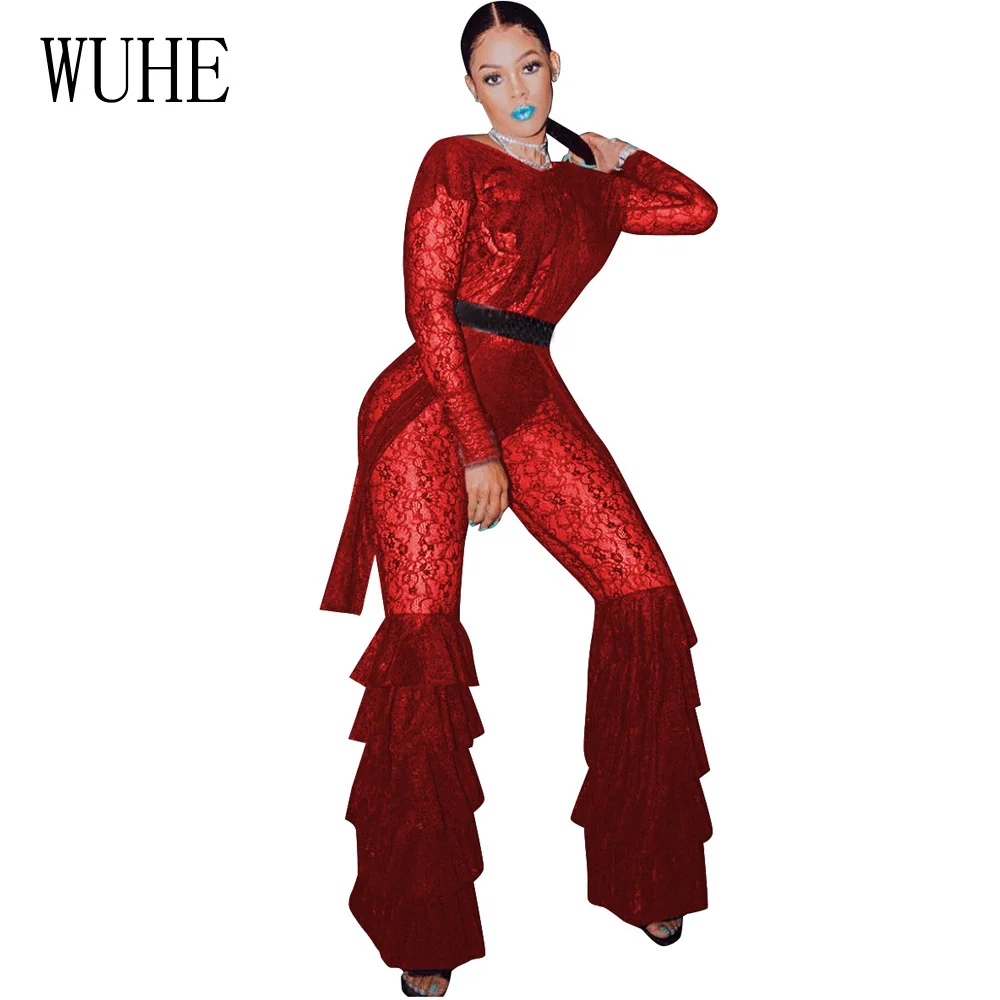 WUHE Women Sheer Long Sleeve Lace Jumpsuit Sexy See Through Multilayer Ruffles Bodycon Rompers Night Club Party Overalls