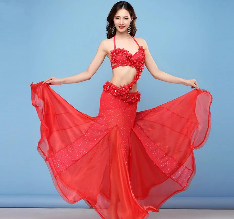 

Handmade Luxury Women Belly Dance Outfit Costume India Dance Clothes Halloween Carnival 2 Piece/3Piece/4 Piece Set Red