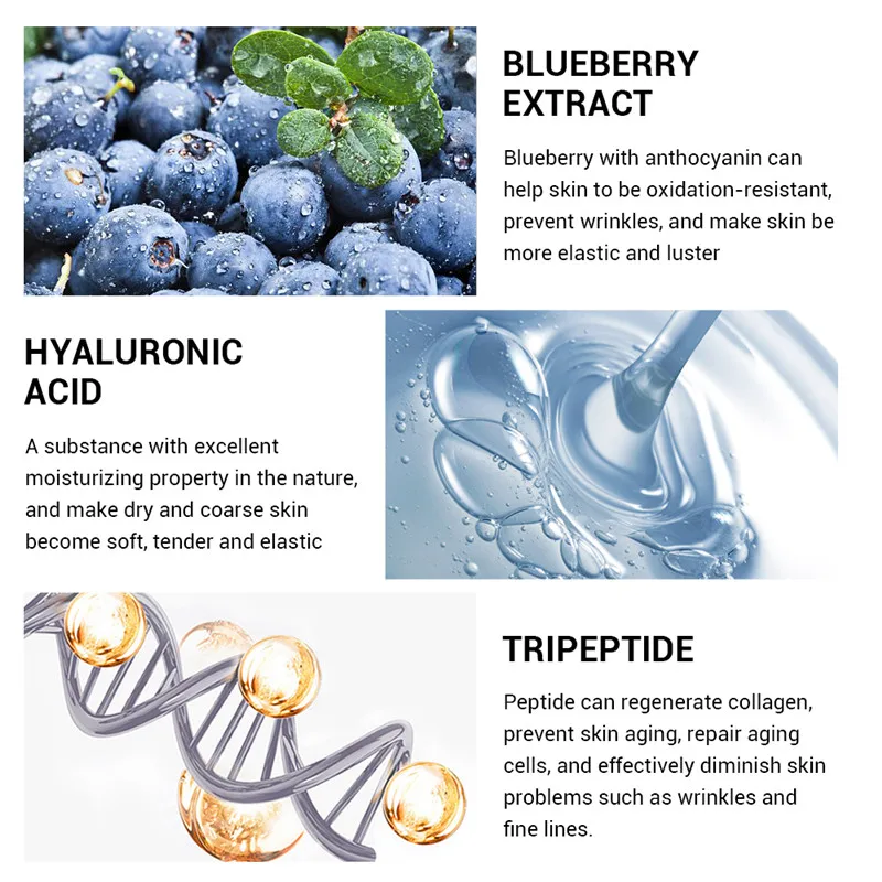 15 мл черника сыворотка с гиалуроновой кислотой гиалуроновой кислоты Отбеливающее, омолаживающее воздействие антивозрастной увлажняющий крем для лица