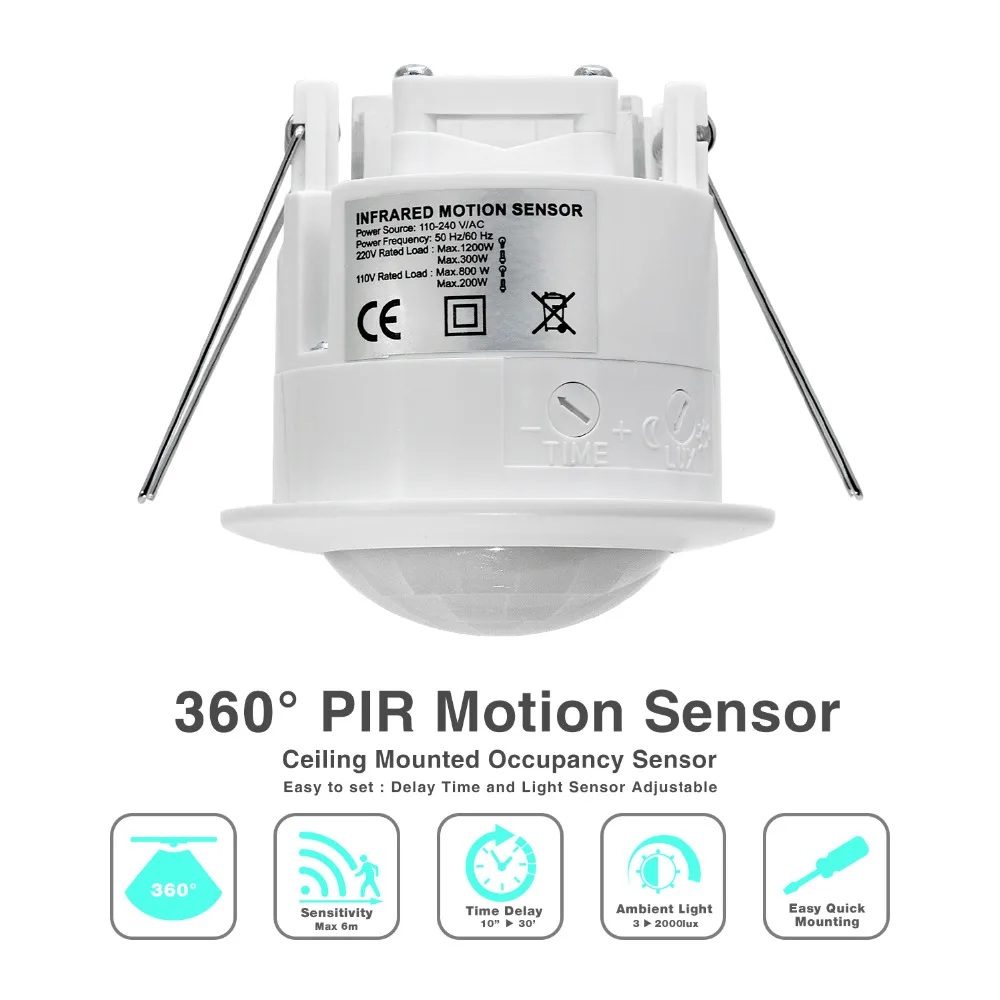 

High quality 110V/AC 220V/AC 360 degree ceiling PIR motion sensor switch LED light lamp switch