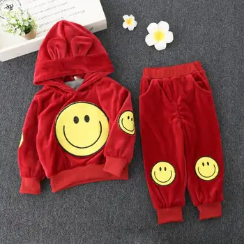 

Winter kids clothes girl boys smile face hoodies+pant set 2 pieces children long sleeve velvet clothes suit