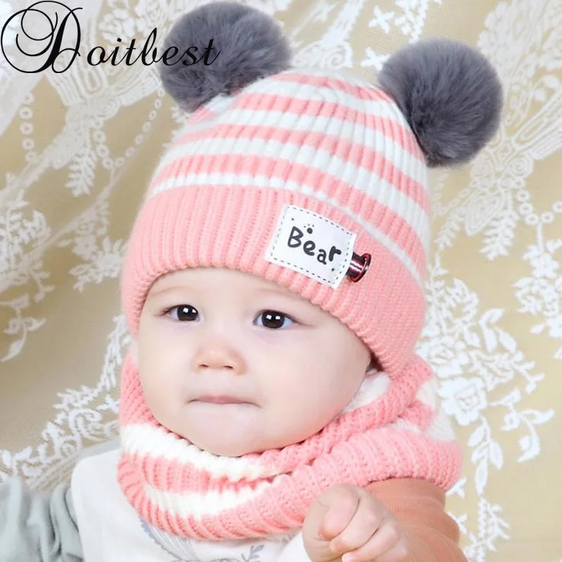 

Doitbest 6 momths to 3 Y kids Beanie Striped hair bull kids boys Knitted fur hats winter 2 pcs baby wool boy girl scarf hat set