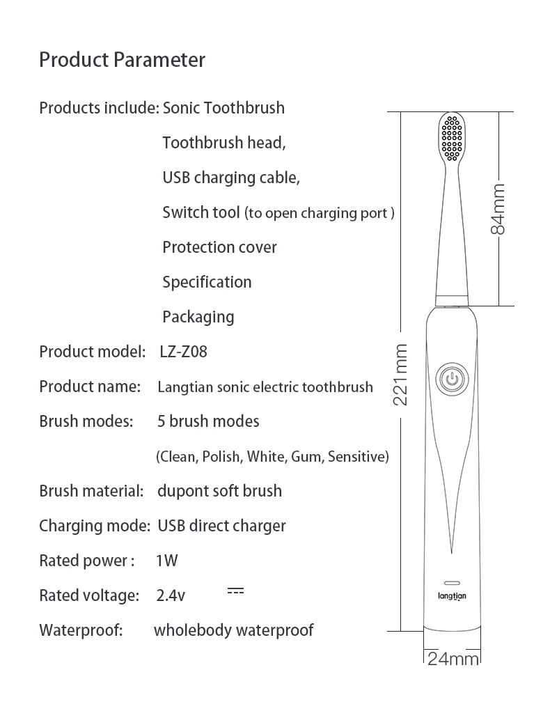 Электрическая зубная щетка для детей и взрослых, 5 режимов, ультра звуковая зубная щетка для путешествий, перезаряжаемая зубная щетка, 4 головки, LT-Z08A