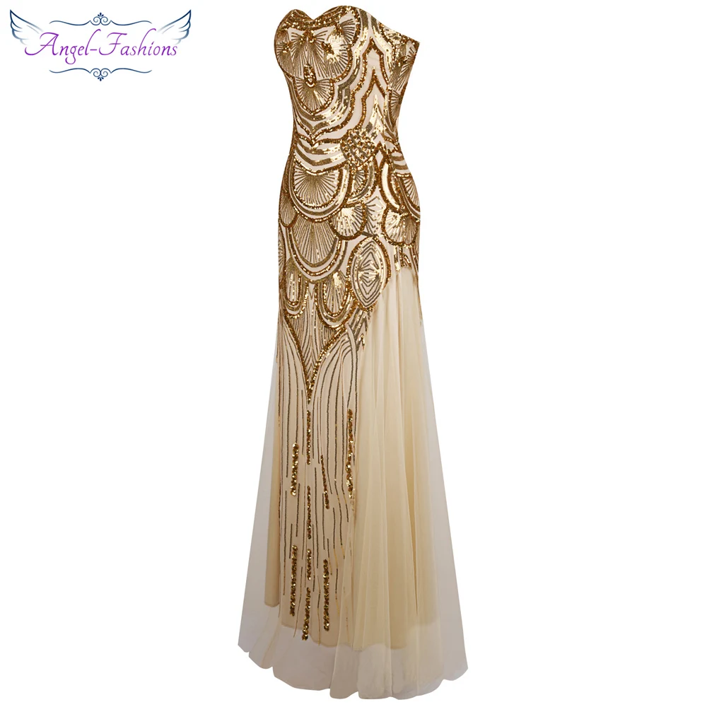Женское вечернее платье без бретелек Angel fashions длинное фатиновое трапеция с