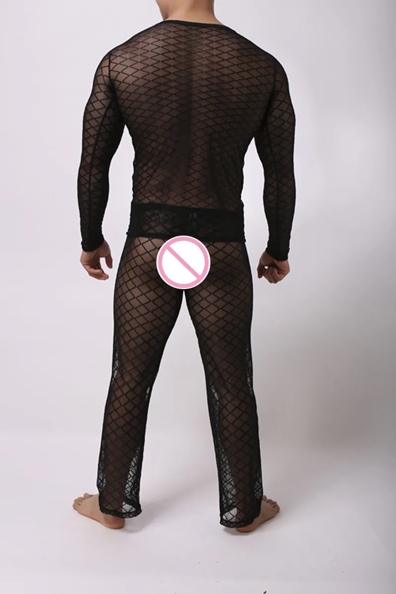 Fashion Men's Mesh Argyle Transparent Sleep Pajama Sets Sexy Bodybuilding T Shirts And Long Pants men's cotton pajama pants with pockets