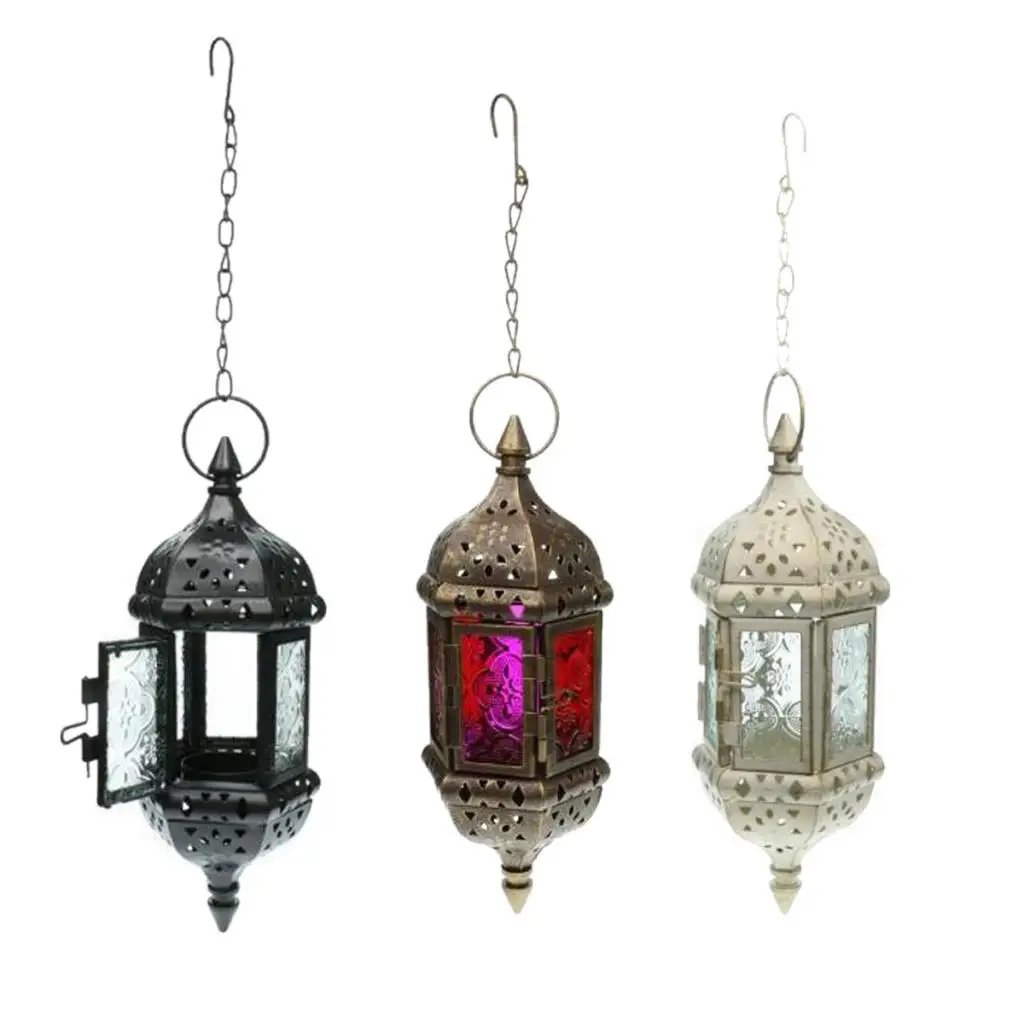 Set 3PCS Glass Hanging Moroccan Candle Lanterns Hurricane Candle Lamp Tea Light Candleholder With 66cm Iron Chain
