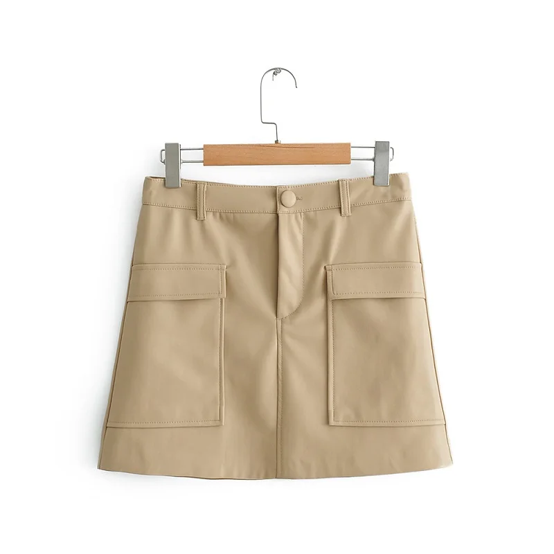 BBWM Женская модная простая юбка из искусственной кожи с двойными карманами, повседневная женская мини-юбка, женская уличная одежда