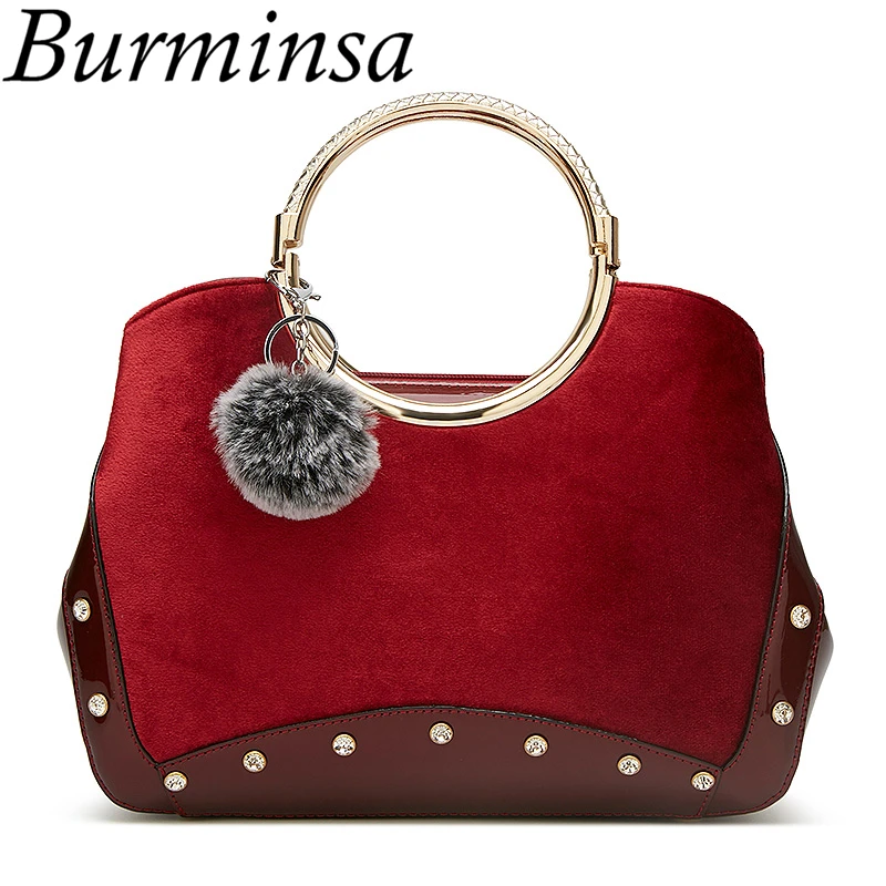 

Burminsa Winter Crystal Velour Women Handbags Bride Metal Ring Handle Shoulder Messenger Bags Ladies Rhinestone Velvet Tote Bags