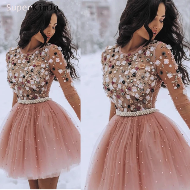 SuperKimJo-Vestidos De graduación 2019, Vestidos cortos De regreso a casa con cuentas rosas, Vestidos De fiesta De flores hechos a mano, Vestidos De cóctel _ - AliExpress