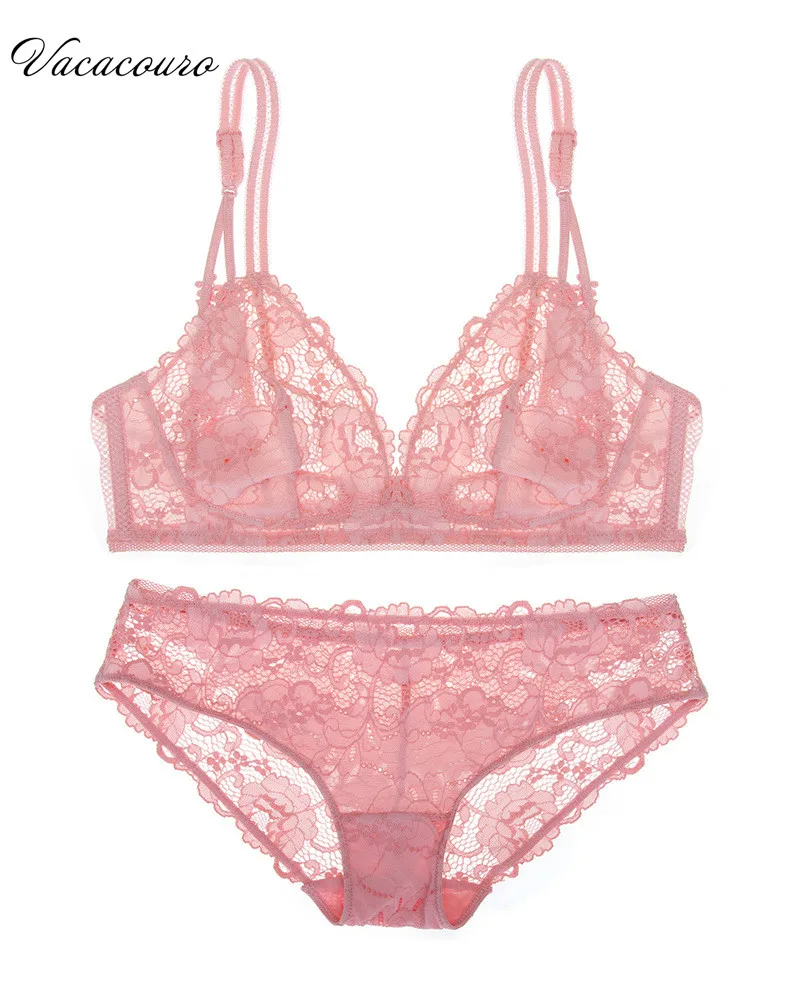 Women Embroidery Lace Thin Bra Sets 5/8 cup full wire free Lace Straps