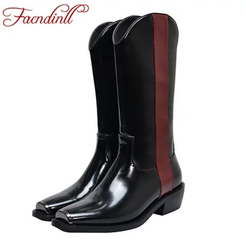 

FACNDINLL brand women boots new fashion genuine leather and patent leather square med heels shoes woman black knee high boots