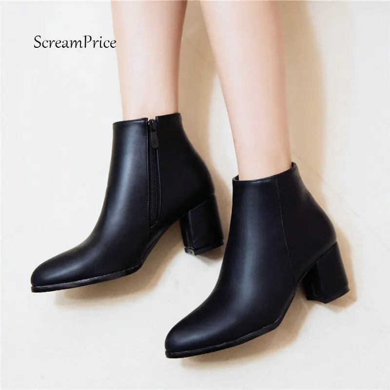 Autumn Winter Fashion Women's Ankle Boots | Chunky High Heel Pointed Toe Booties with Zipper image 4