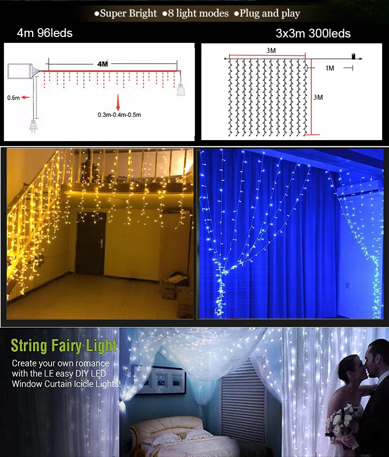 Hotake праздничное освещение Рождественский светодиодный гирлянда для занавесок сказочные огни IP65 4 м 3x3 м RGB Гирлянда для наружной свадебной вечеринки украшения