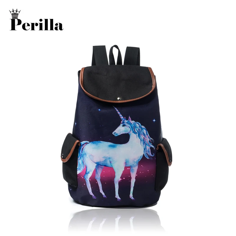 

Perilla 2018 Women Casual Canvas Backpack Women 3D Cartoon Unicorn Printed Drawstring Teenager Large Capacity Ladies School Bag