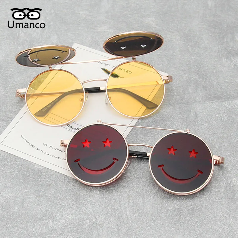 Umanco креативный Флип-Топ стимпанк Солнцезащитные очки для женщин и мужчин красочные оттенки зеркало смайлик очки Мода показ очки подарки