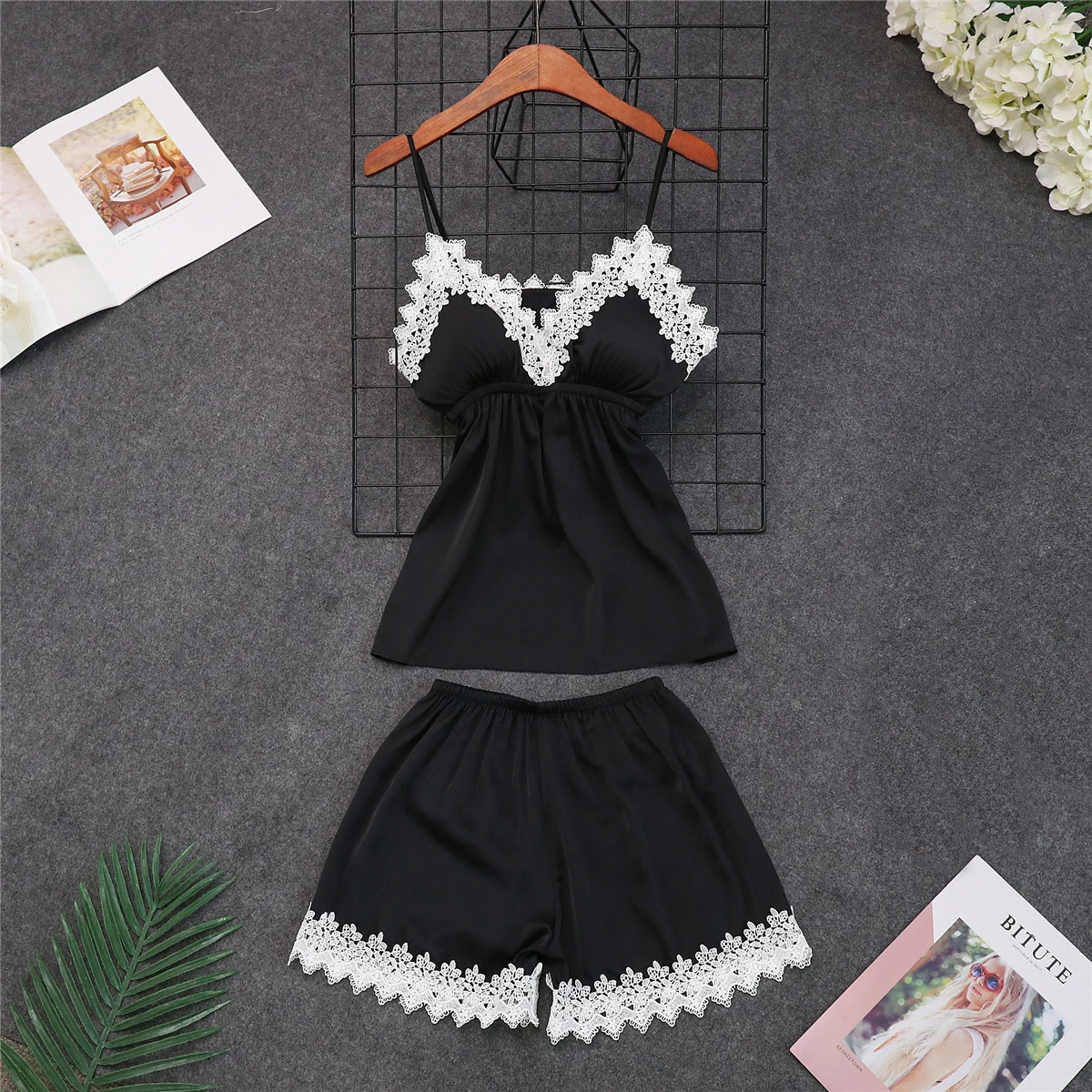 

Navy Blue Sexy Womens 2PC Strap Top Pants Pajamas Sets Sleepwear Lady Home Wear Nightgown Suit Robe Bath Gown Sleepshirts M-XL