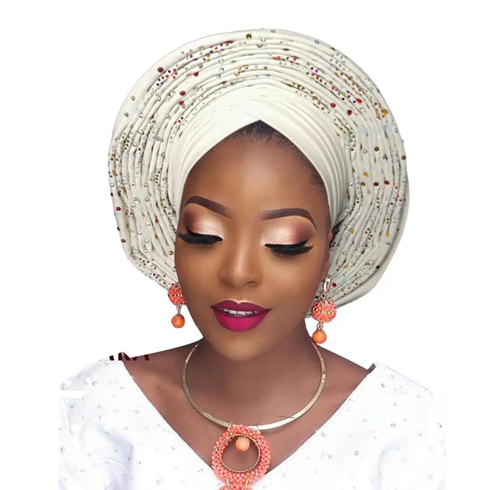 Дешевый Африканский головной убор нигерийский Авто геле головной убор женский тюрбан свадебный головной убор - Цвет: white