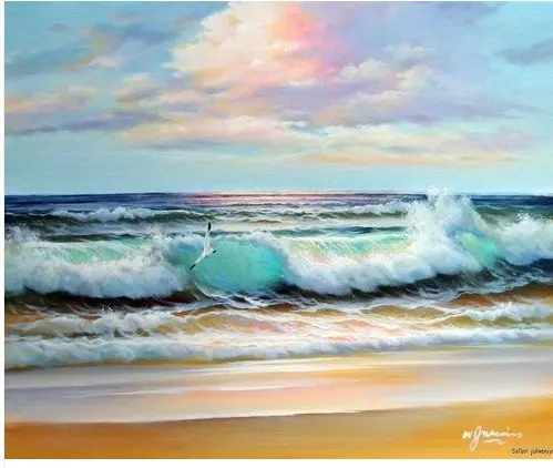 Blue Green Caribbean Sea Surf Waves Beach Sunset Stretched 20X24 Oil