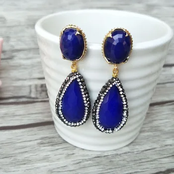 

5 pairs Drop shape Blue Faceted Malaysian Jad e Dangle Earrings, Pave Crystal rhinestone ,Jewelry Stone Earrings ER238