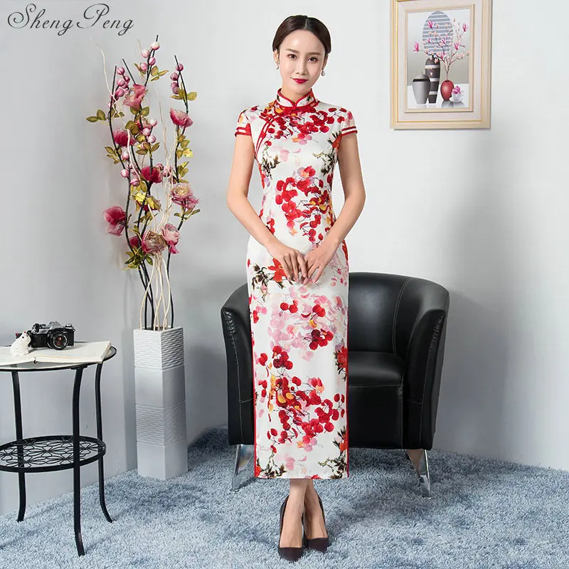 2018 с коротким рукавом длинное платье Qipao шелк китайское платье в китайском стиле элегантные платье Ципао Q251