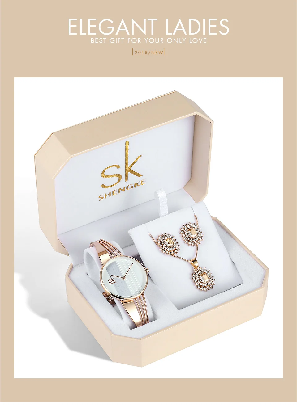 Shengke розового золота Необычные кварцевые часы для женщин серьги цепочки и ожерелья 2019 SK дамы часы комплект ювелирных изделий роскошный