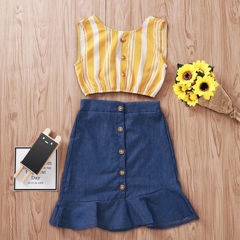 

Girls Sets Clothing Yellow Striped Crop Top for Kids Girls Denim Blue Ruffle Skirt Two Piece Skirt Set Wholesale Clothing