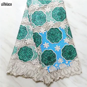 

2019 Latest African Wax Lace Fabrics Top Sale Embroiderd Nigerian Green Fabric With Wax Lace Rhinestones Fabric For Party W2-715
