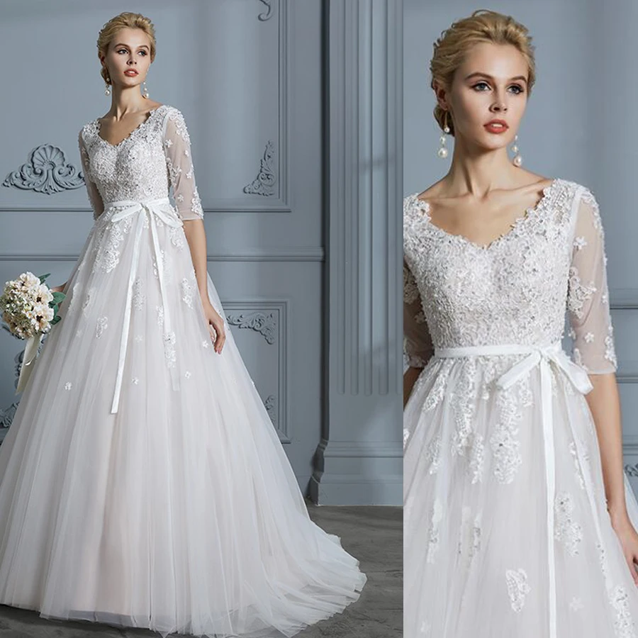 

Beading V-neck Half Sleeve Comfortable Tulle Lace Applique A-line Wedding Dress with Flexible Belt Illusion Sweep Train Dress