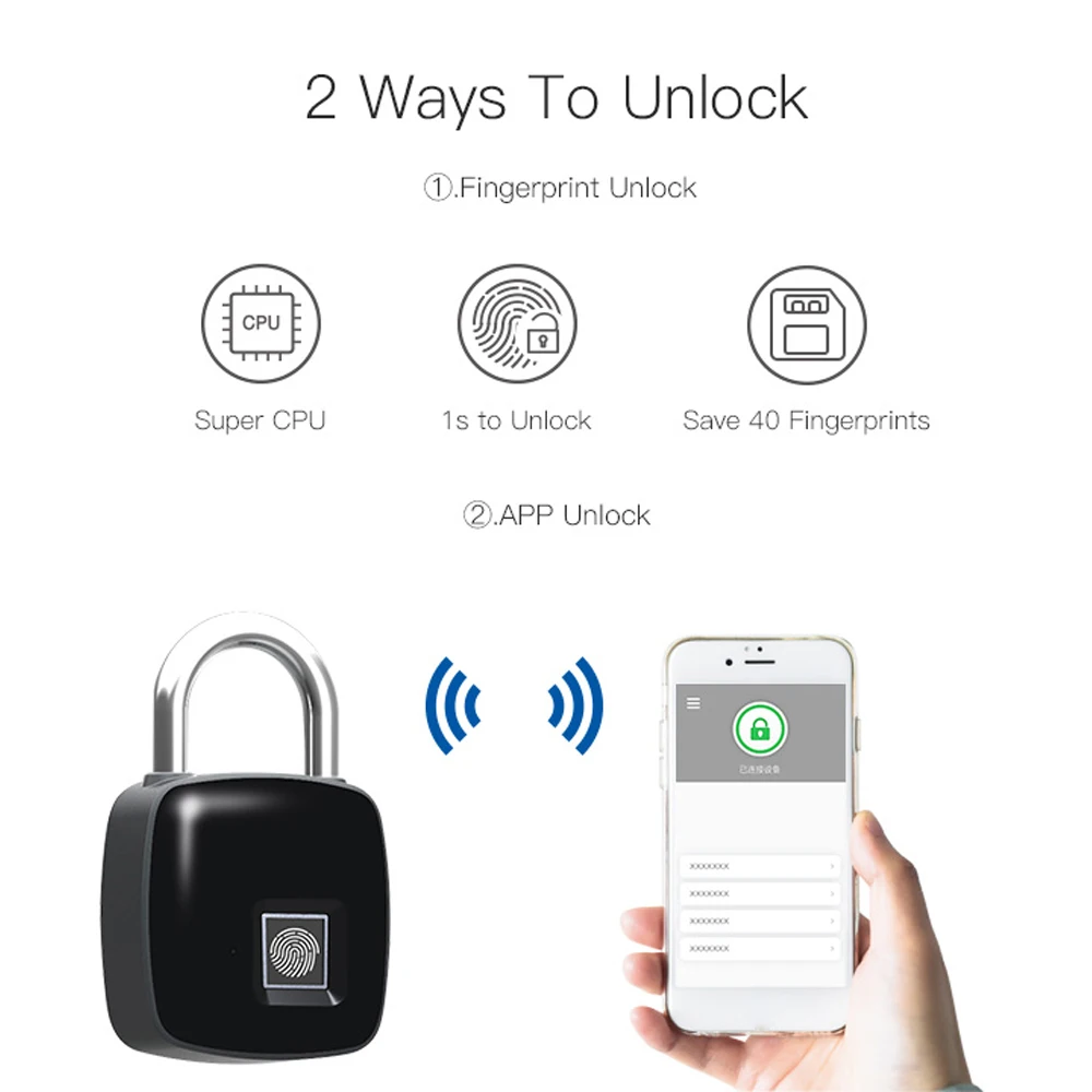 

Fingerprint Lock USB Rechargeable APP Intelligent Lock Keyless IP65 Waterproof Anti-Theft Secure Padlock Door Luggage Case Lock